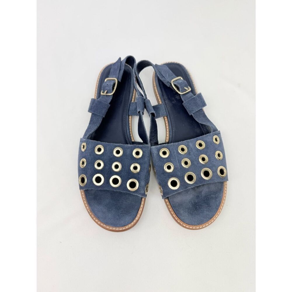 J. Crew Blue Suede Leather Gold Grommet Slingback Nautical Flat Sandals - Picture 5 of 14